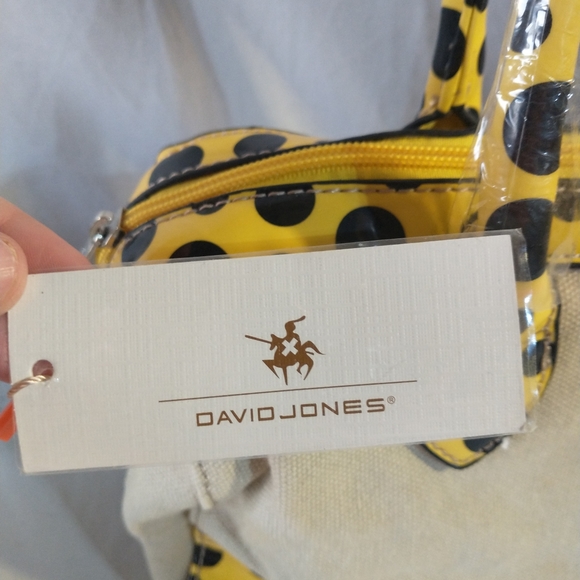 NWT David Jones Faux Leather And Canvas Beige Yellow Polka Dot Shoulder Bag - Picture 7 of 9